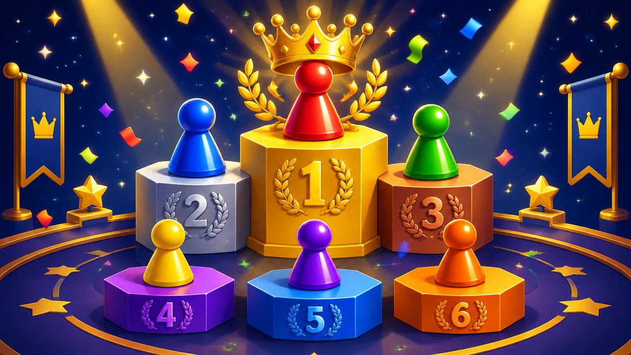 Six Kingdoms concept art: six player pawns on a victory podium